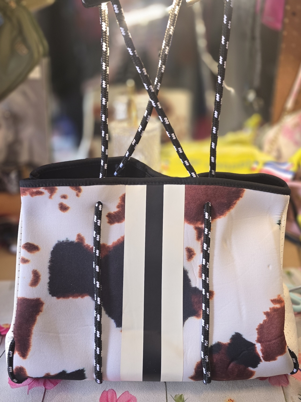 Women's Cowhide-Pattern Tote Bag in Brown & Black